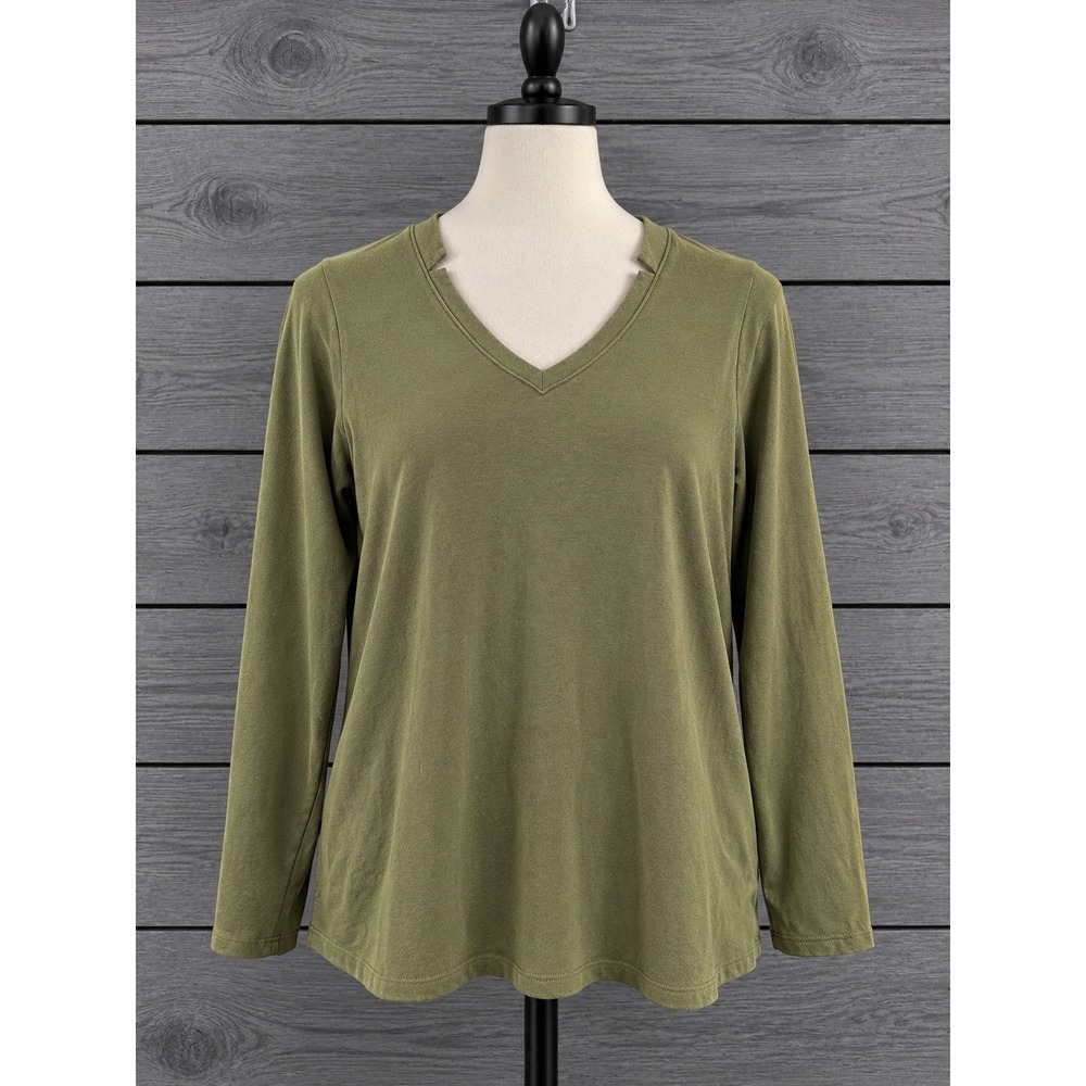 Belle Kim Gravel TripleLuxe Pima V-Neck Tunic Large Olive Green Notched A459398